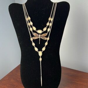 Lucky Brand multi strand silver statement necklace with abalone shell dragonfly.